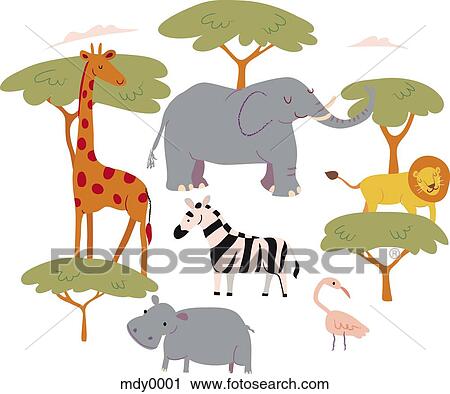 Animals in the safari View Large Illustration Clip Art - Animals in the safari. Fotosearch
