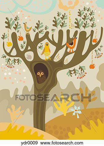 Stock Illustration - Birds sitting in an apple tree. Fotosearch