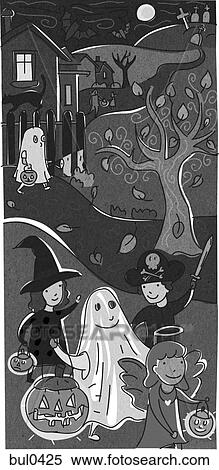 Children going trick or treating on Halloween night View Large Illustration Stock Illustration - Children going trick or treating on Halloween night. Fotosearch