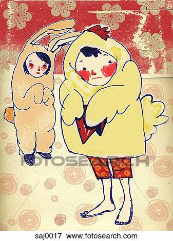 Stock Illustration - Children in rabbit and chicken costumes. Fotosearch