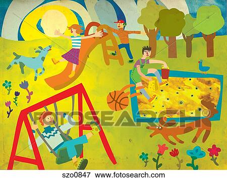 Stock Illustration - Children playing on a playground with their dogs. Fotosearch