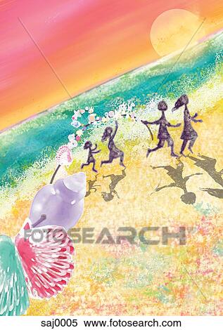 Stock Illustration - Children running and playing along the beach at sunset. Fotosearch