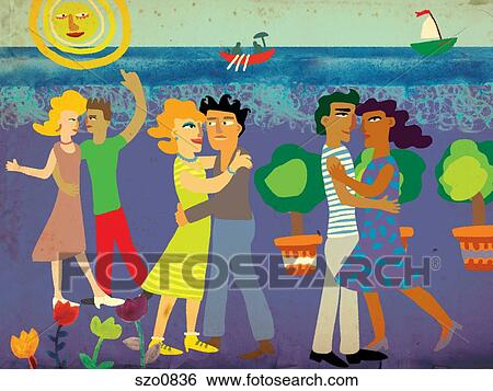Couples dancing with the sea and sun behind them View Large Illustration Stock Illustration - Couples dancing with the sea and sun behind them. Fotosearch