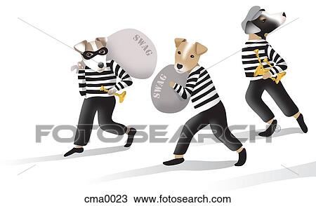 Dogs dressed as robbers with swag bag loot View Large Illustration Drawing - Dogs dressed as robbers with swag bag loot. Fotosearch