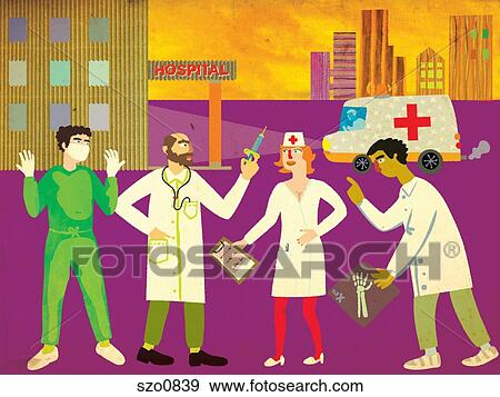 Stock Illustration - Hospital staff waiting outside as an ambulance pulls in. Fotosearch