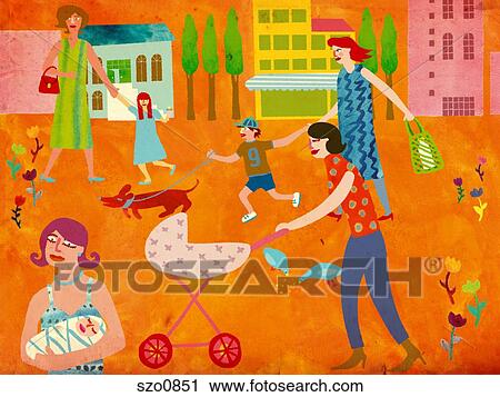 Mothers and their children walking in town View Large Illustration Clip Art - Mothers and their children walking in town. Fotosearch