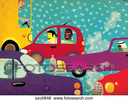 Stock Illustration - Multi-ethnic people in their cars in traffic. Fotosearch