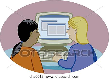 Drawing - One woman showing another woman how to use a computer program. Fotosearch