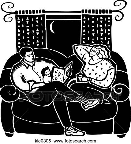 Stock Illustration - Parents reading to their young child. Fotosearch