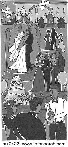 Drawing - People celebrating at a wedding outdoors. Fotosearch