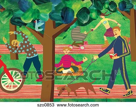 Drawing - People exercising in a park. Fotosearch