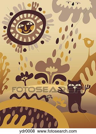 Personified sun and cloud raining over a cat and bird and worm View Large Illustration Stock Illustration - Personified sun and cloud raining over a cat and bird and worm. Fotosearch