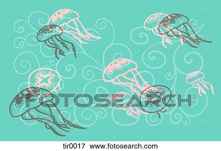 Stock Illustration - Pink and green jelly fish pattern. Fotosearch