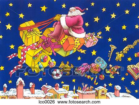Santa Claus flying through the night sky on a sleigh made of toys View Large Illustration Stock Illustration - Santa Claus flying through the night sky on a sleigh made of toys. Fotosearch