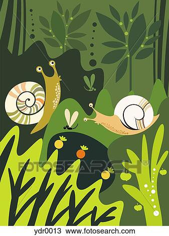 Snails in a garden View Large Illustration Drawing - Snails in a garden. Fotosearch