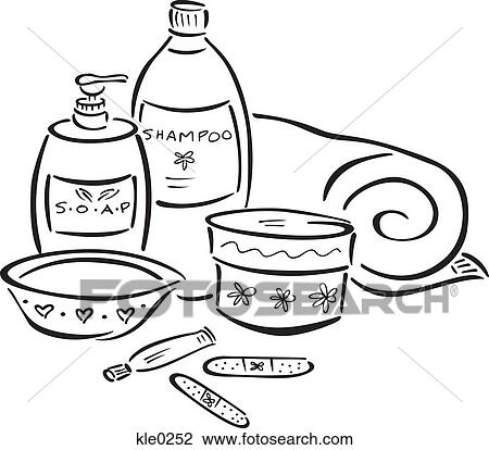 Drawing - Soap, shampoo, moisturizer, a towel and bandages. Fotosearch