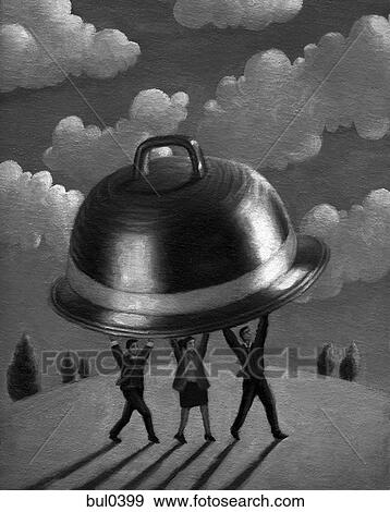 Stock Illustration - Three business people holding up a large silver platter. Fotosearch