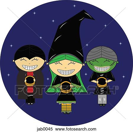 Stock Illustration - Three children dressed up in Halloween costumes. Fotosearch