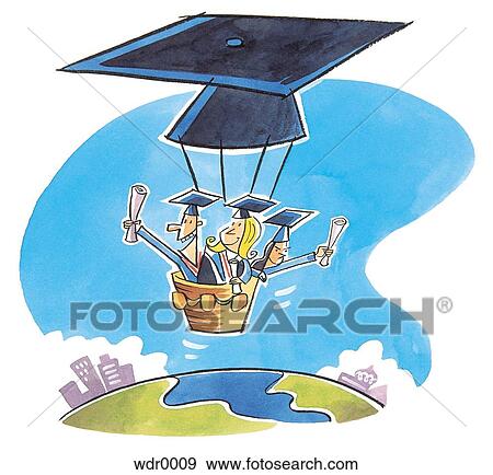 Stock Illustration - Three graduation students in a hot air balloon shaped like a mortar board flying over the world. Fotosearch