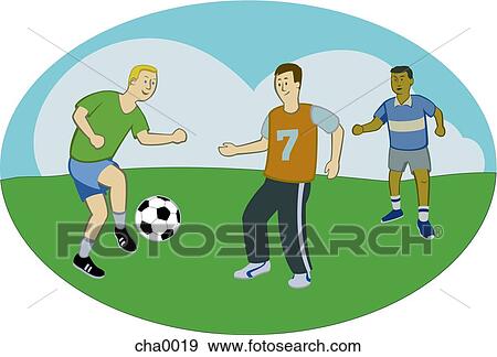 Three men playing soccer View Large Illustration Stock Illustration - Three men playing soccer. Fotosearch