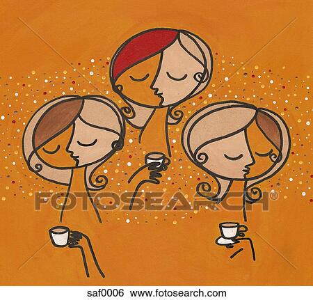 Stock Illustration - Three women drinking cups of coffee. Fotosearch