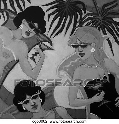 Drawing - Three women sunbathing and having cocktails. Fotosearch