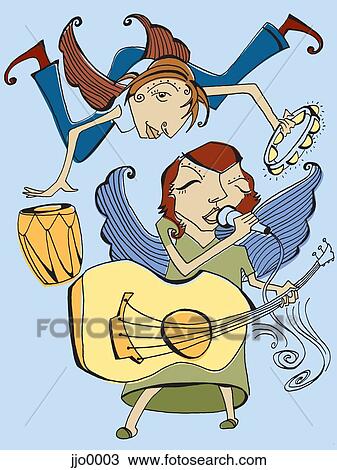 Drawing - Two angels singing, playing guitar, drums and tambourine. Fotosearch