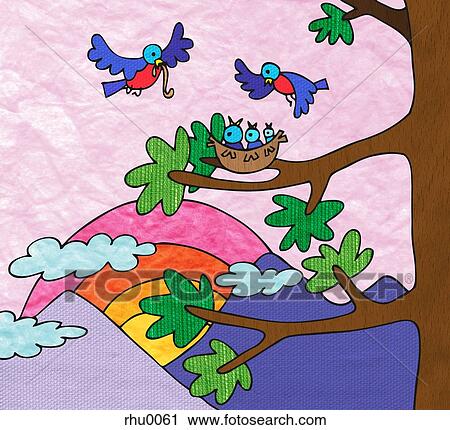 Clip Art - Two birds bringing food to their three different sized young. Fotosearch