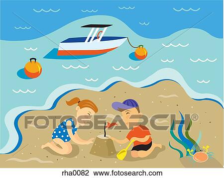 Drawing - Two children building a sand castle on the beach and a small boat docked off shore. Fotosearch