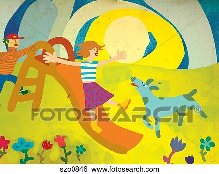 Stock Illustration - Two children playing on a slide with their dog. Fotosearch