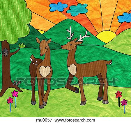 Two deer in nature and a sunset View Large Illustration Stock Illustration - Two deer in nature and a sunset. Fotosearch