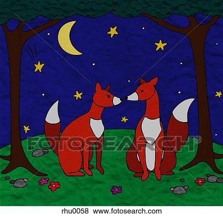 Stock Illustration - Two foxes meeting under trees in the moonlight. Fotosearch