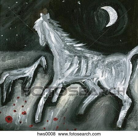 Stock Illustration - Two horses in a poppy field at night. Fotosearch