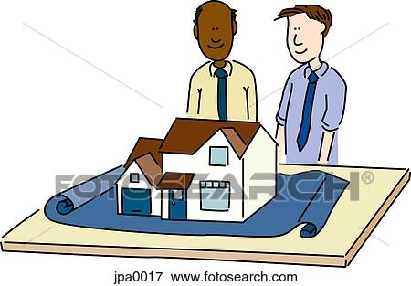 Two men looking a model of a house on a blue print View Large Illustration Stock Illustration - Two men looking a model of a house on a blue print. Fotosearch