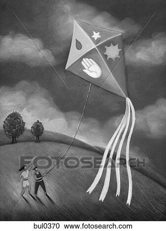 Two people flying a kite with symbols on it View Large Illustration Clipart - Two people flying a kite with symbols on it. Fotosearch