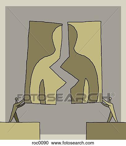 Clipart - Two people holding up half pictures of a man to create a hybrid. Fotosearch