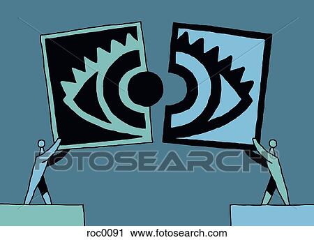 Two people holding up two halves of an eye to create a hybrid View Large Illustration Clip Art - Two people holding up two halves of an eye to create a hybrid. Fotosearch
