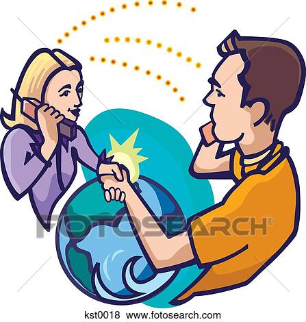 Stock Illustration - Two people making contact across the world by phone. Fotosearch
