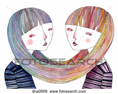 Two sisters joined by their long hair View Large Illustration Stock Illustration - Two sisters joined by their long hair. Fotosearch