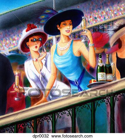Drawing - Two women drinking champagne at a horse race. Fotosearch