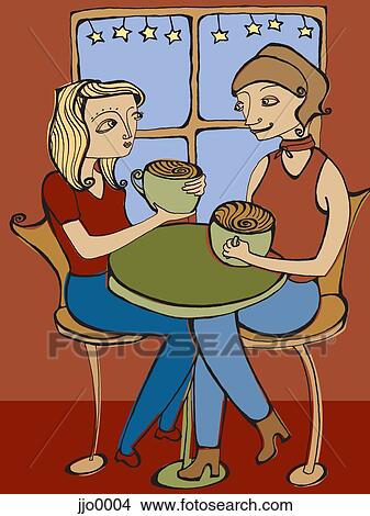 Stock Illustration - Two women having coffee in a cafe. Fotosearch
