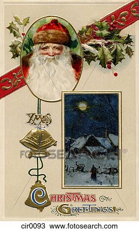 Vintage Christmas card of Santa Claus, bells and a Christmas scene View Large Illustration Drawing - Vintage Christmas card of Santa Claus, bells and a Christmas scene. Fotosearch