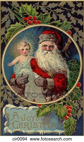 Stock Illustration - Vintage Christmas card of Santa Claus holding baby Jesus. Fotosearch
