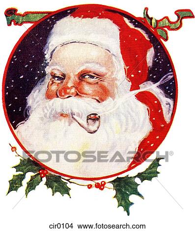 Stock Illustration - Vintage Christmas card of Santa Claus smoking a pipe. Fotosearch