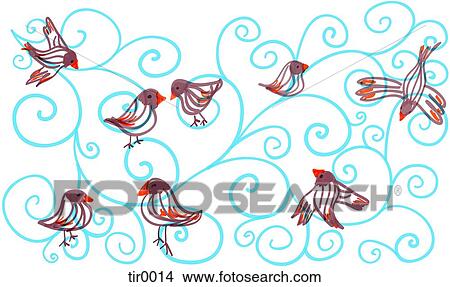 Stock Illustration - Whimsical drawing of birds and blue swirls. Fotosearch