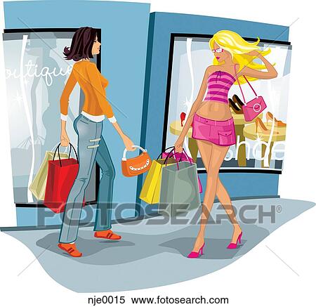 Stock Illustration - Women shopping with hands full of bags. Fotosearch