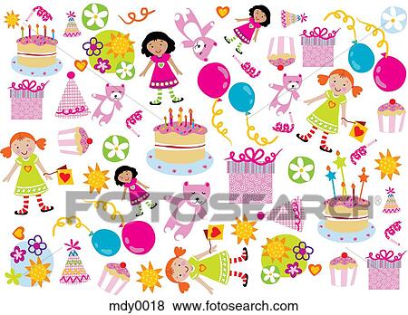 A パターン の 女の子 おもちゃ そして ケーキ ために A 女の子 Birthday イラスト Mdy0018 Fotosearch