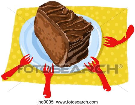 A 大きい チョコレートケーキの部分 そして ４ フォーク イラスト Jhe0035 Fotosearch