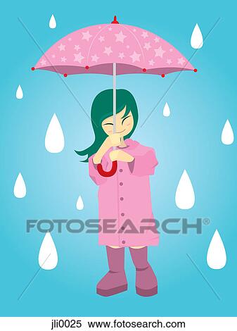 A 女の子 傘を握ること 雨 イラスト Jli0025 Fotosearch