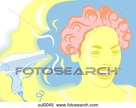 A 女 使うこと A Hairdryer へ セット 彼女 毛 中に カール イラスト Sul0045 Fotosearch